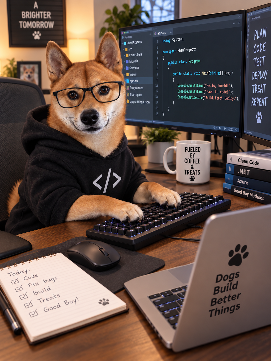 Yoshi the Shiba Inu, PhanDango's mascot, dressed as a developer at his desk
